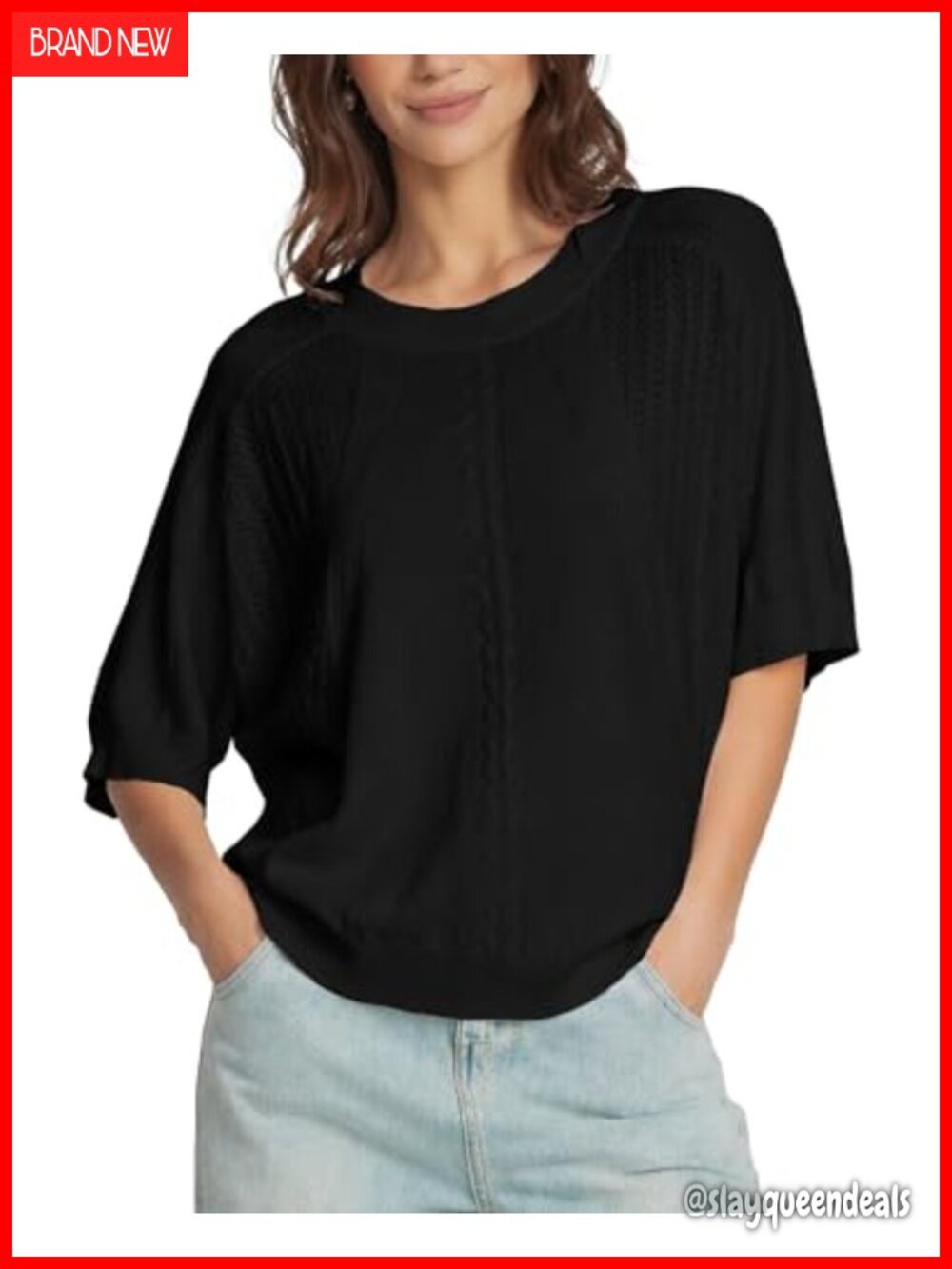 SCOFEEL Womens Crochet Knit Batwing Short Sleeve Pullover Sweater